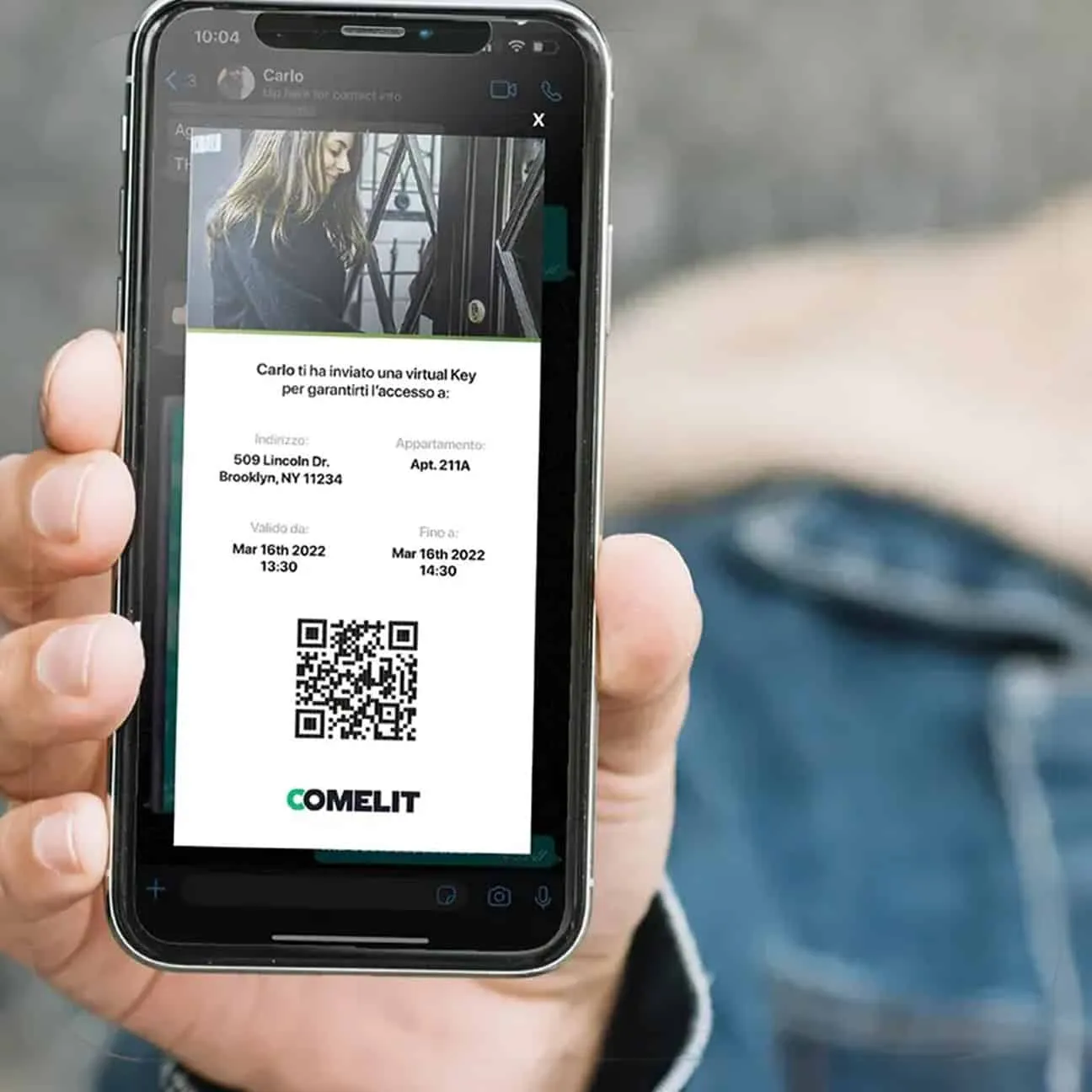 Secure digital guest pass with QR code on a smartphone for building access.