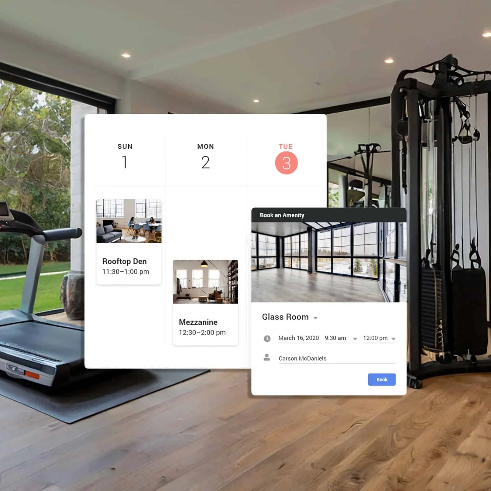 Online booking calendar for building amenities like the rooftop den and gym.